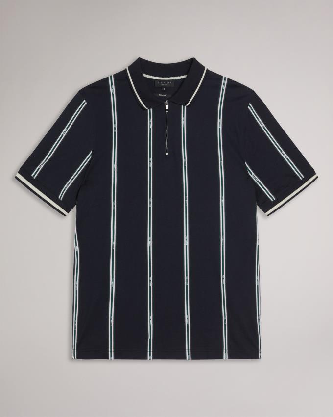 Polo Ted Baker Short Sleeve Zip With Striped Branding Bleu Marine Homme | NPF-33773630